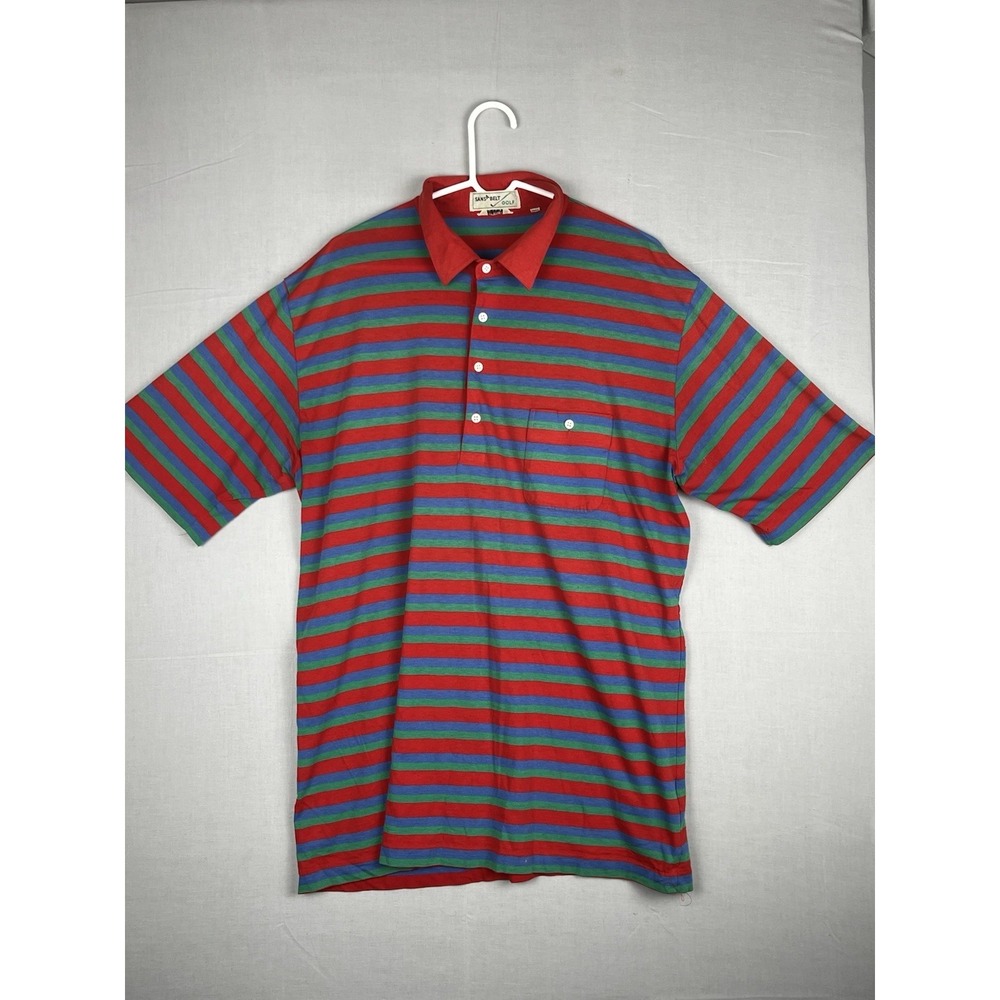Sansabelt Golf Polo Mens Tall Red Blue Green Striped Pocket Shirt Vintage